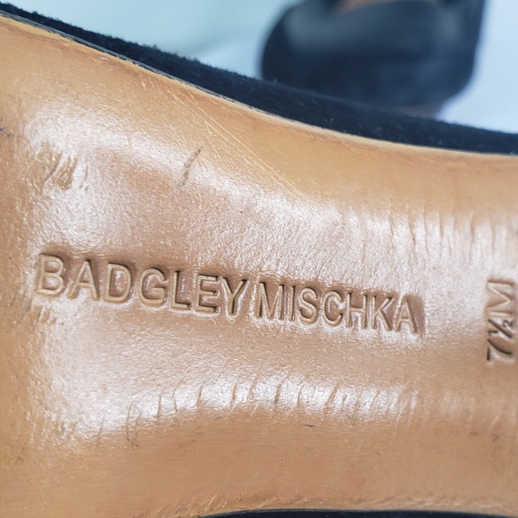 Mark and James Badgley Mischka Black Leather Suede Pointed Toe Pumps Heels 7.5 - Picture 9 of 11